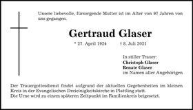 Traueranzeige Gertraud Glaser