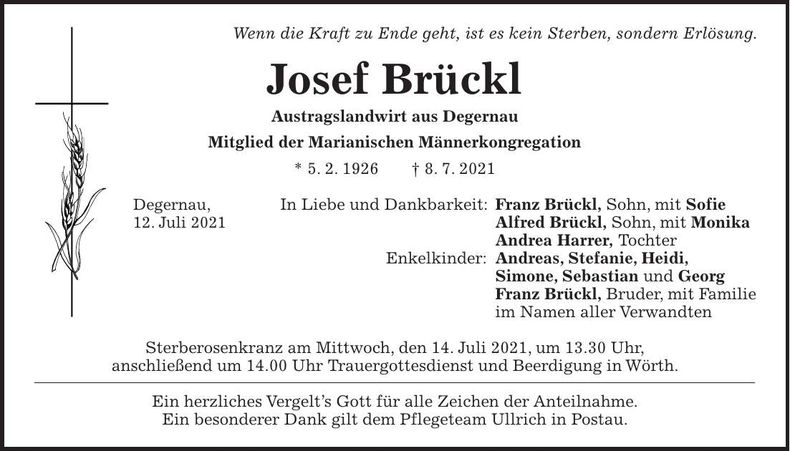 Traueranzeige Josef Brückl