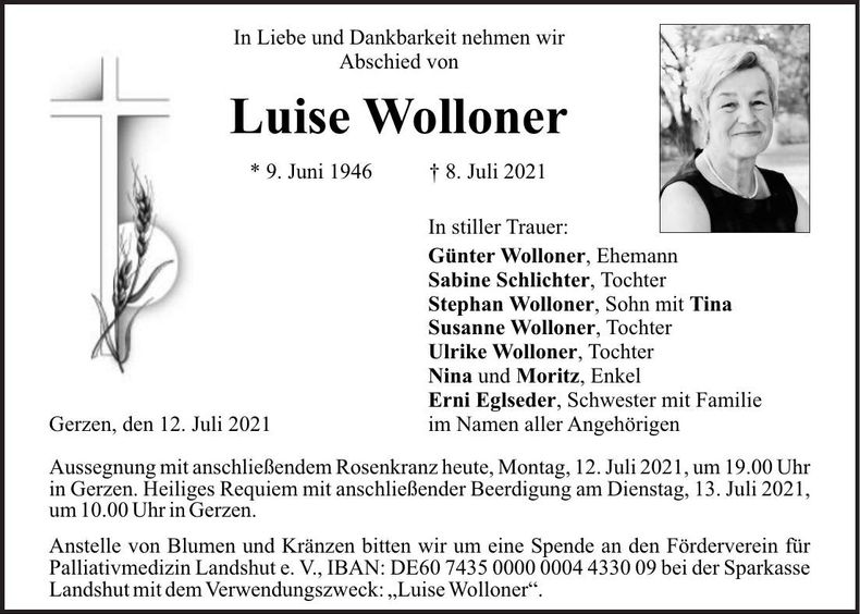 Traueranzeige Luise Wolloner