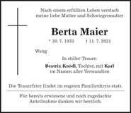 Traueranzeige Berta Maier