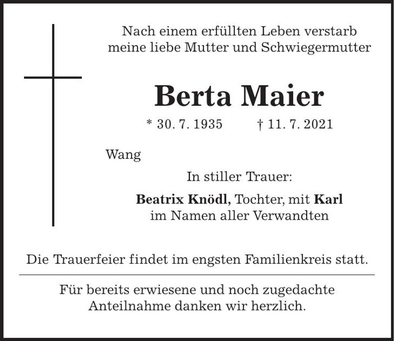 Traueranzeige Berta Maier