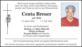 Traueranzeige Centa Breuer
