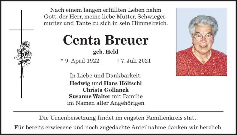 Traueranzeige Centa Breuer