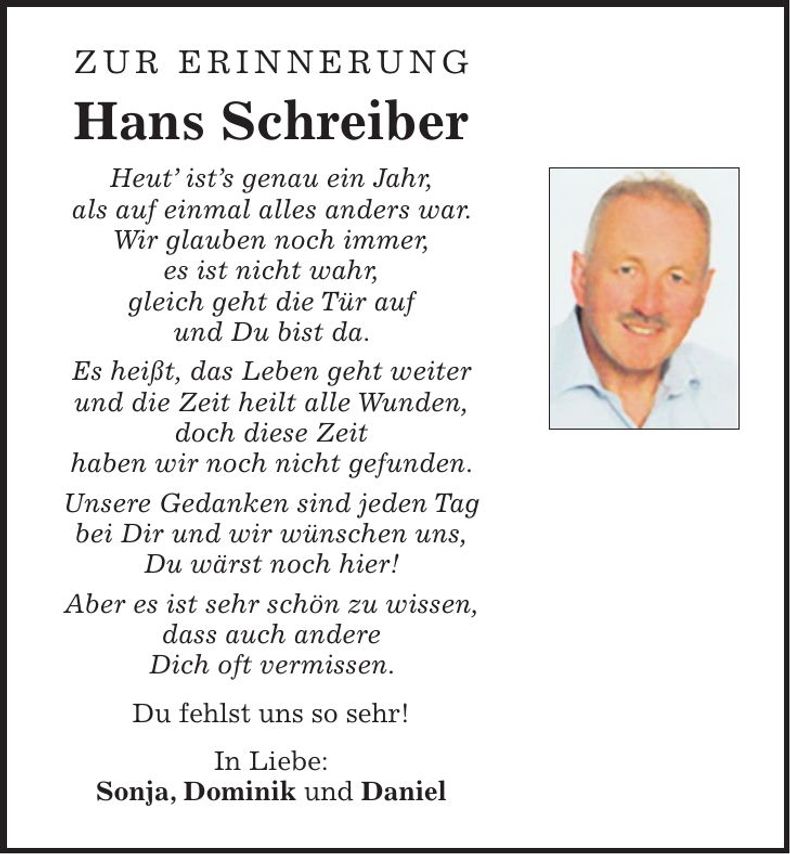 Traueranzeige Hans Schreiber