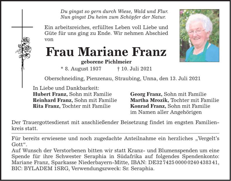 Traueranzeige Mariane Franz