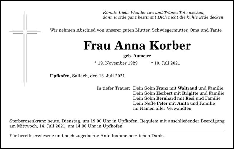 Traueranzeige Anna Korber
