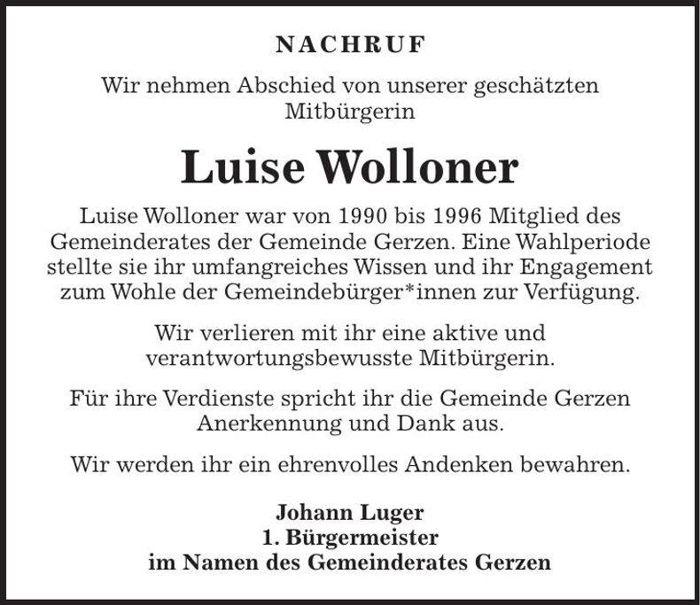 Traueranzeige Luise Wolloner