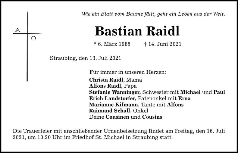 Traueranzeige Bastian Raidl