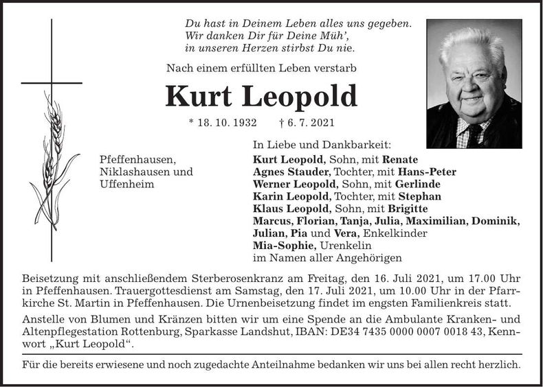 Traueranzeige Kurt Leopold