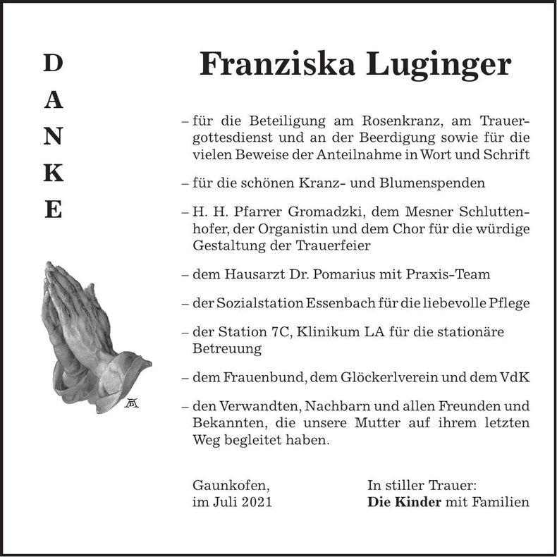 Traueranzeige Franziska Luginger