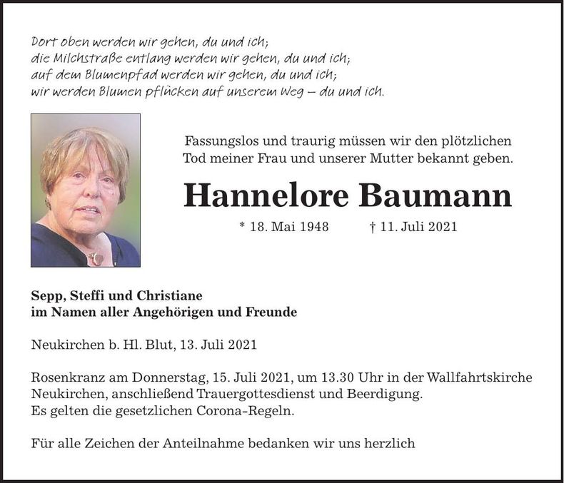 Traueranzeige Hannelore Baumann