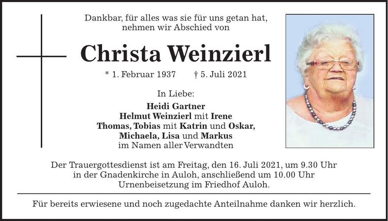Traueranzeige Christa Weinzierl