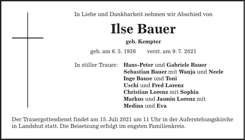 Traueranzeige Ilse Bauer