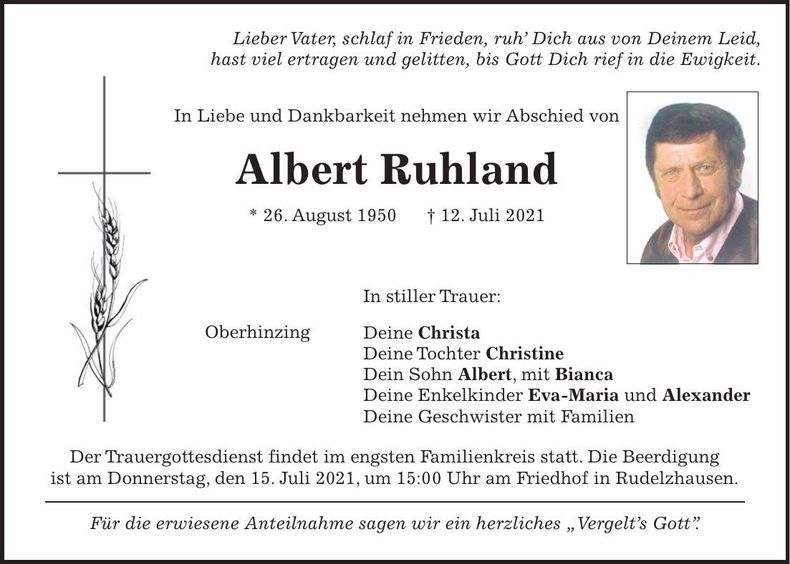 Traueranzeige Albert Ruhland