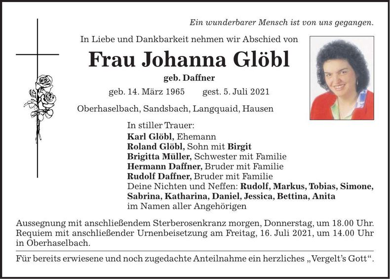 Traueranzeige Johanna Glöbl