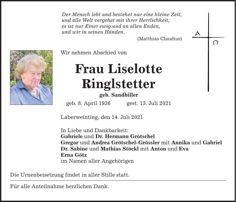 Traueranzeige Liselotte Ringlstetter