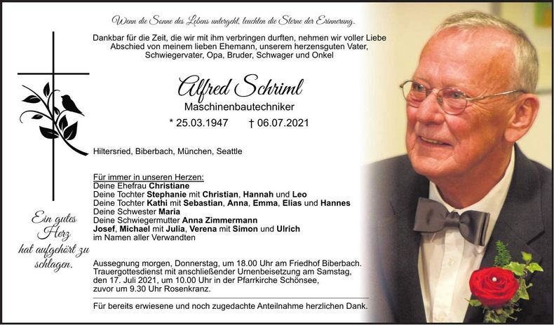 Traueranzeige Alfred Schriml