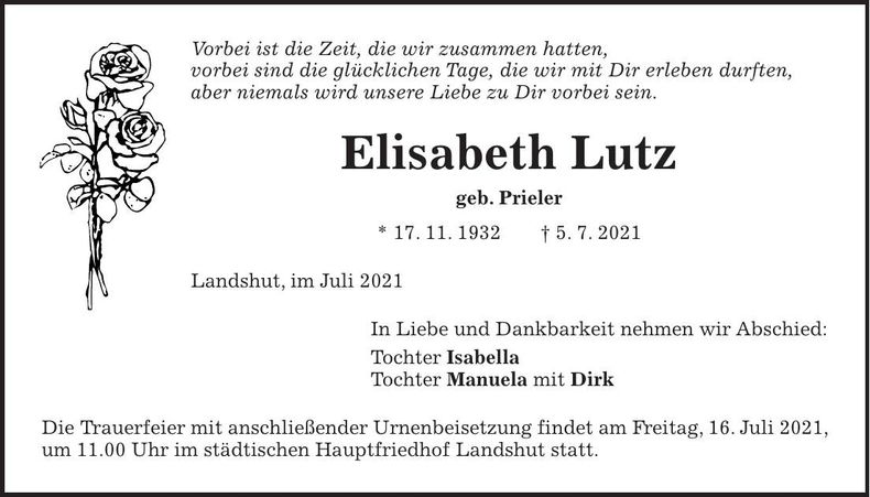 Traueranzeige Elisabeth Lutz