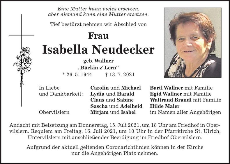Traueranzeige Isabella Neudecker