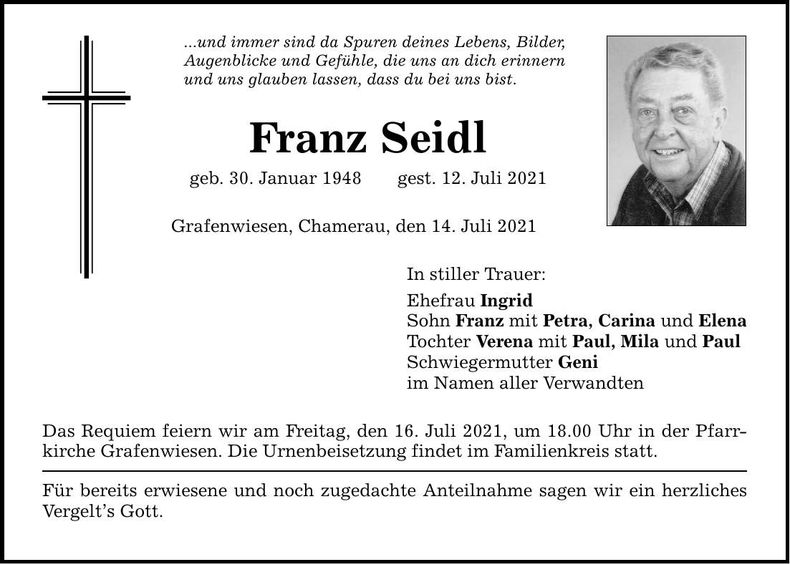 Traueranzeige Franz Seidl