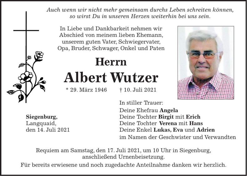 Traueranzeige Albert Wutzer