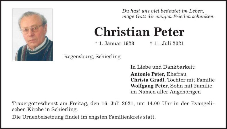Traueranzeige Christian Peter