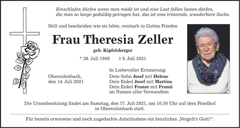 Traueranzeige Theresia Zeller