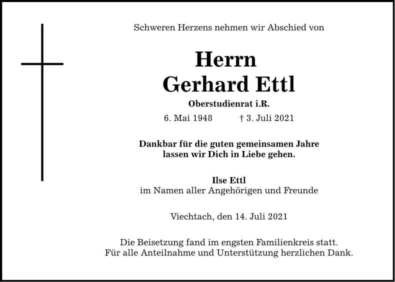 Traueranzeige Gerhard Ettl