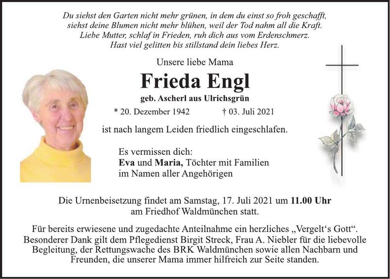 Traueranzeige Frieda Engl