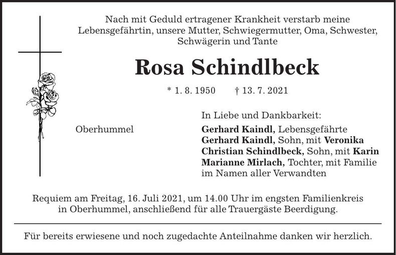 Traueranzeige Rosa Schindlbeck