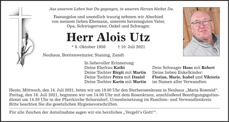 Traueranzeige Alois Utz
