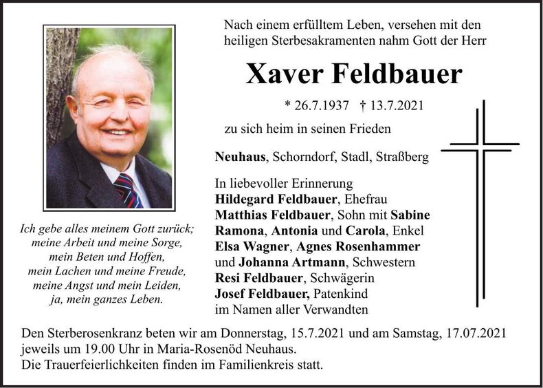 Traueranzeige Xaver Feldbauer