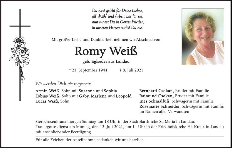 Traueranzeige Romy Weiß