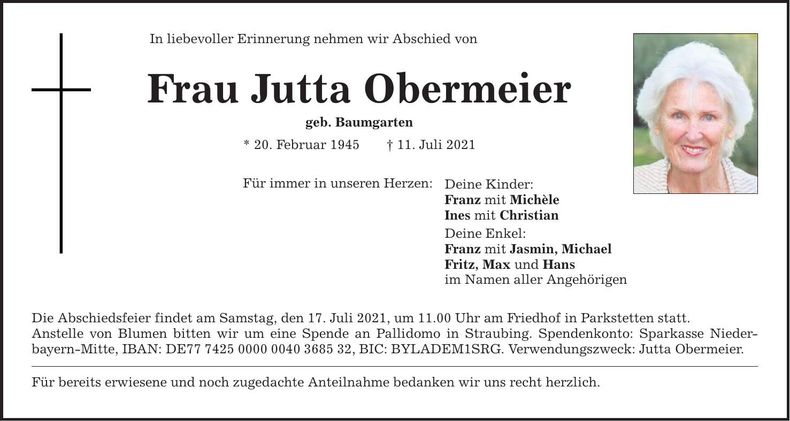 Traueranzeige Jutta Obermeier