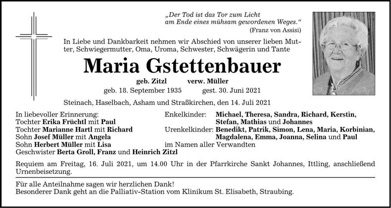 Traueranzeige Maria Gstettenbauer