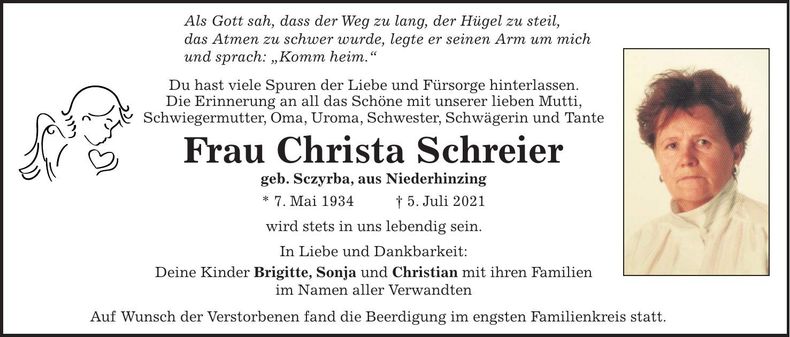 Traueranzeige Christa Schreier