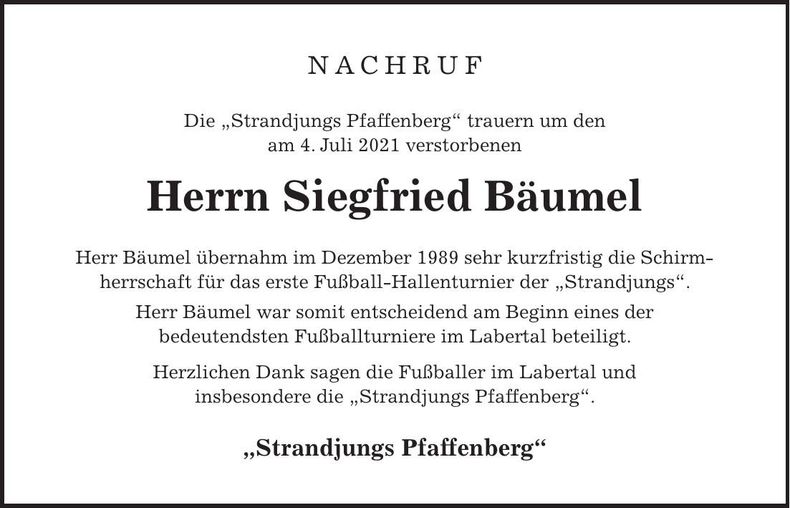 Traueranzeige Siegfried Bäumel