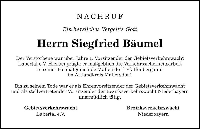 Traueranzeige Siegfried Bäumel