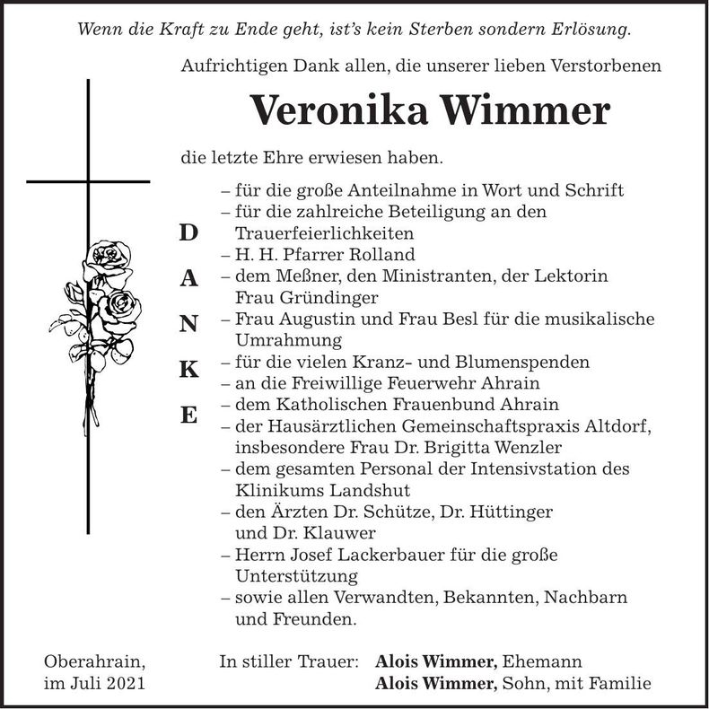 Traueranzeige Veronika Wimmer