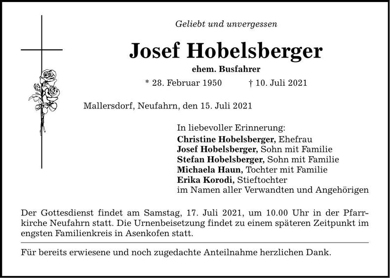 Traueranzeige Josef Hobelsberger