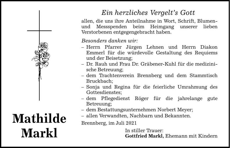 Traueranzeige Mathilde Markl