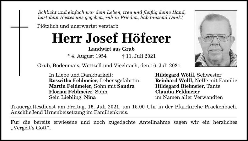 Traueranzeige Josef Höferer