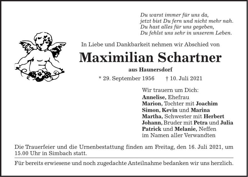 Traueranzeige Maximilian Schartner