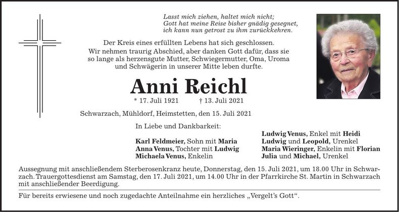 Traueranzeige Anni Reichl