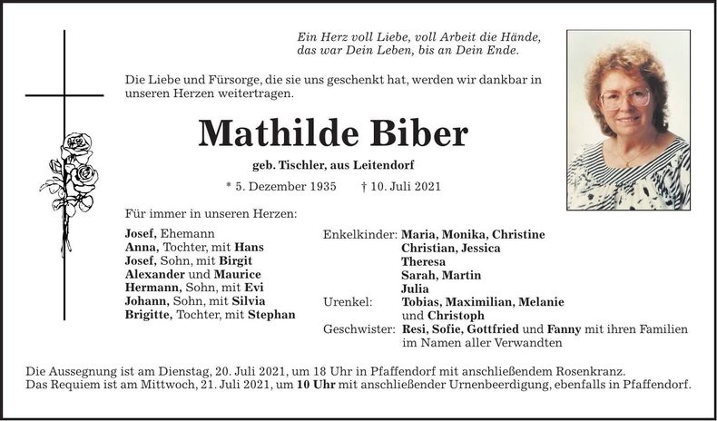 Traueranzeige Mathilde Biber