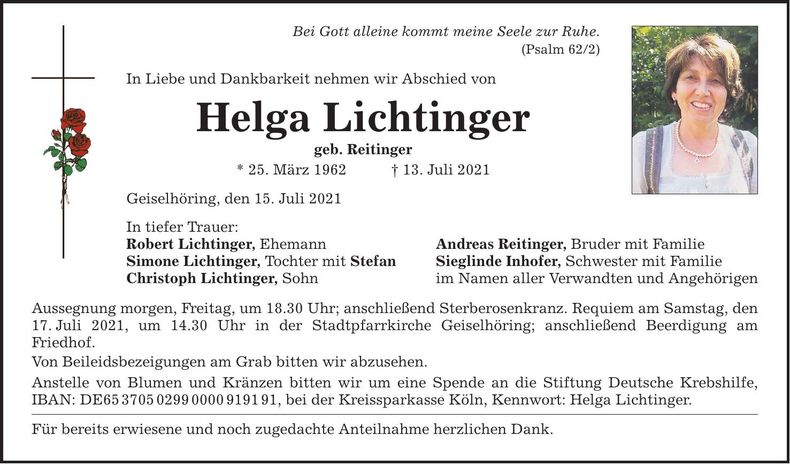 Traueranzeige Helga Lichtinger