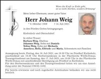Traueranzeige Johann Weig