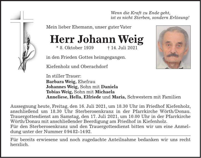 Traueranzeige Johann Weig