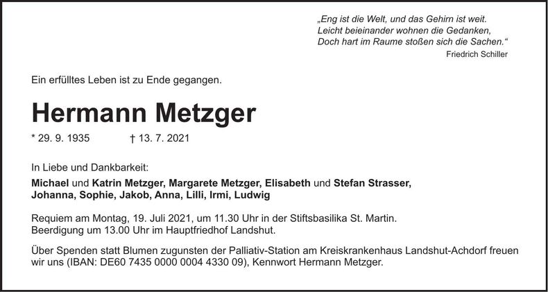 Traueranzeige Hermann Metzger