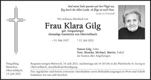 Traueranzeige Klara Gilg